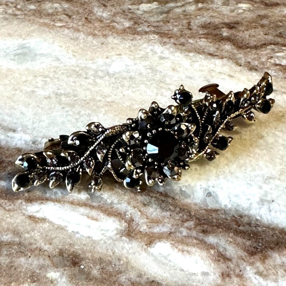 Jet Black & Marcasite Gray Floral Crystal Rhinestone Medium Barrette/Hair Clip - Picture 3 of 6